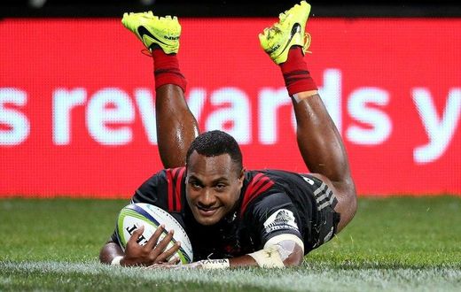 Manasa Mataele of the Canterbury Crusaders dives to score a try during a Super Rugby match in Christchurch, in April 2017