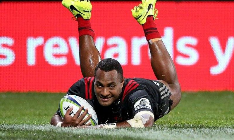 Manasa Mataele of the Canterbury Crusaders dives to score a try during a Super Rugby match in Christchurch, in April 2017