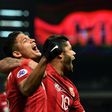 Shanghai SIPG forward Hulk (right) and teammate Elkeson celebrate a goal during their AFC Asian Champions League match against Urawa Red Diamonds in Shanghai on March 15, 2017