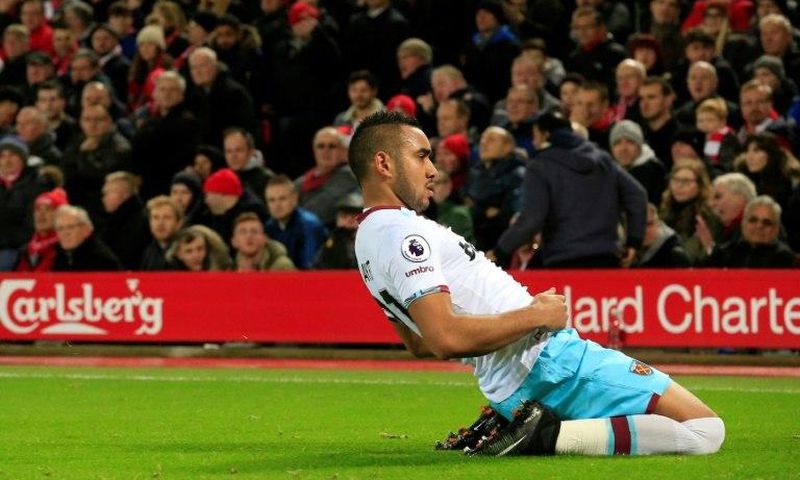 West Ham United's midfielder Dimitri Payet celebrates after scoring their first goal against Liverpool, north west England on December 11, 2016