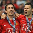 Gary Neville (L) and Ryan Giggs celebrate winning the Premiership with Manchester United in 2009
