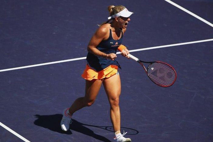 Angelique Kerber of Germany celebrates winning the first set against Pauline Parmentier of France, in Indian Wells, California, on March 13, 2017