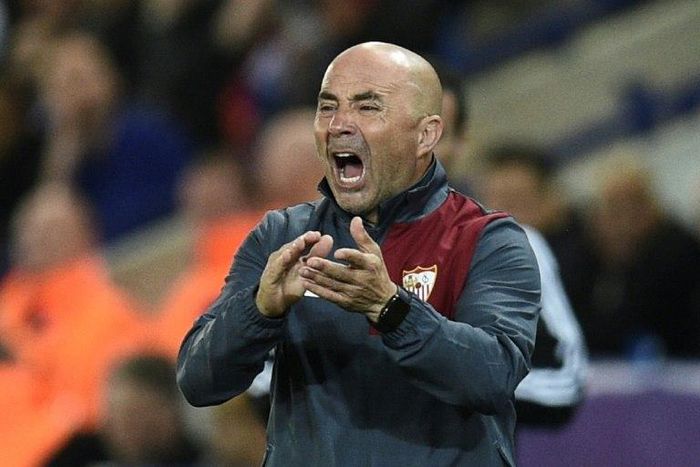 Sevilla coach Jorge Sampaoli on the touchline during his team's UEFA Champions League match against Leicester City on March 14, 2017