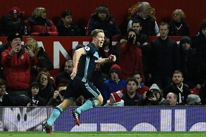 Middlesbrough's midfielder Grant Leadbitter celebrates scoring his team's first goal during the English Premier League football match between Manchester United and Middlesbrough at Old Trafford in Manchester, north west England, on December 31, 2016
