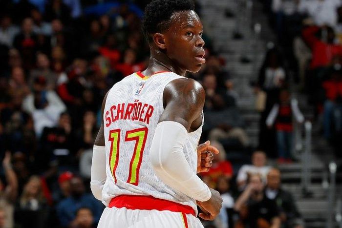 Dennis Schroder of the Atlanta Hawks, pictured on December 7, 2016, drained a three-pointer with 22 seconds remaining against the New York Knicks