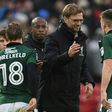 Liverpool's manager Jurgen Klopp (C) congratulates Plymouth's defender Ben Purrington on January 8, 2017