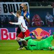 Leipzig's forward Timo Werner, Schalke's Brazilian defender Naldo and Schalke's goalkeeper Ralf Faehrmann vie for the ball during the German first division Bundesliga football match between RB Leipzig and Schalke 04 on December 3, 2016
