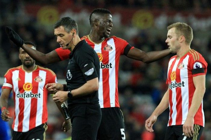 Sunderland's defender Papy Djilobodji (C), pictured in December 2016, appeared to swing his arms at West Brom midfielder Darren Fletcher at an 86th-minute free-kick