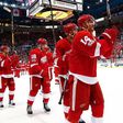 The Detroit Red Wings celebrate their last game at the Joe Louis Arena before moving to the Little Caesars Arena for the 2017-18 season