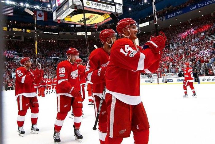 The Detroit Red Wings celebrate their last game at the Joe Louis Arena before moving to the Little Caesars Arena for the 2017-18 season
