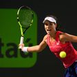 Johanna Konta of Great Britain returns the ball during the semifinals match against Venus Williams on day 11 of the Miami Open at the Crandon Park Tennis Center on March 30, 2017 in Key Biscayne, Florida