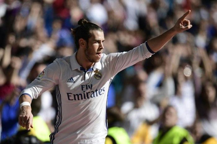 Real Madrid forward Gareth Bale celebrates after scoring at the Santiago Bernabeu stadium