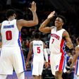 Stanley Johnson (R) drained a go-ahead three-pointer with 32 seconds remaining as the Pistons rallied for an upset win over Houston