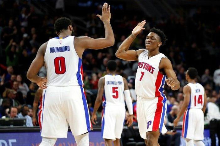 Stanley Johnson (R) drained a go-ahead three-pointer with 32 seconds remaining as the Pistons rallied for an upset win over Houston