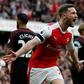 Arsenal's Shkodran Mustafi celebrates after scoring against Manchester City during a Premier League match at The Emirates stadium in London, on April 2, 2017