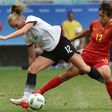 Tabea Kemme (left) of Germany clashes with China's Shuang Wang during their Rio 2016 Olympic women's quarter-final in Salvador, Brazil, on August 12, 2016
