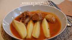 Mutton light soup and boiled potatoes (ndudu by fafa)