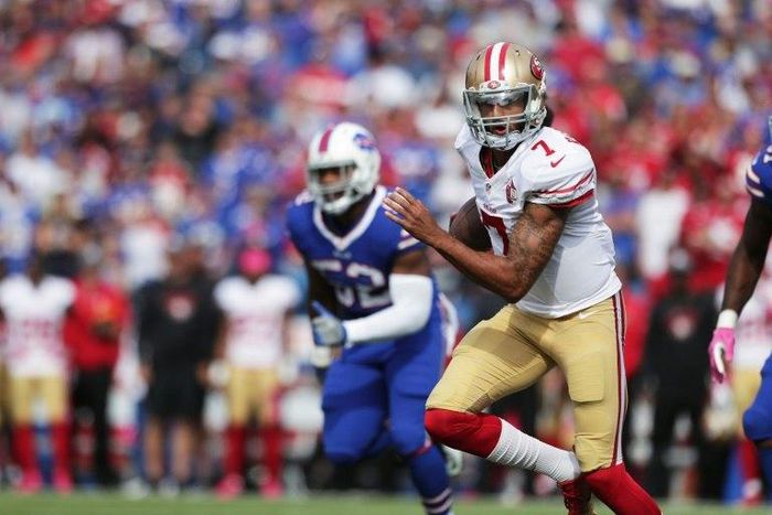 Colin Kaepernick of the San Francisco 49ers runs the ball against the Buffalo Bills on October 16, 2016