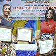 FROM LEFT: NANA EFUA ROCKSON (GROUP HEAD, CORPORATE AFFAIRS & MARKETING FOR GLICO GROUP) DISPLAYING THE AWARDS WITH JENNIFER SIRA DARTEH (BUSINESS DEVELOPMENT OFFICER FOR GLICO GENERAL) 