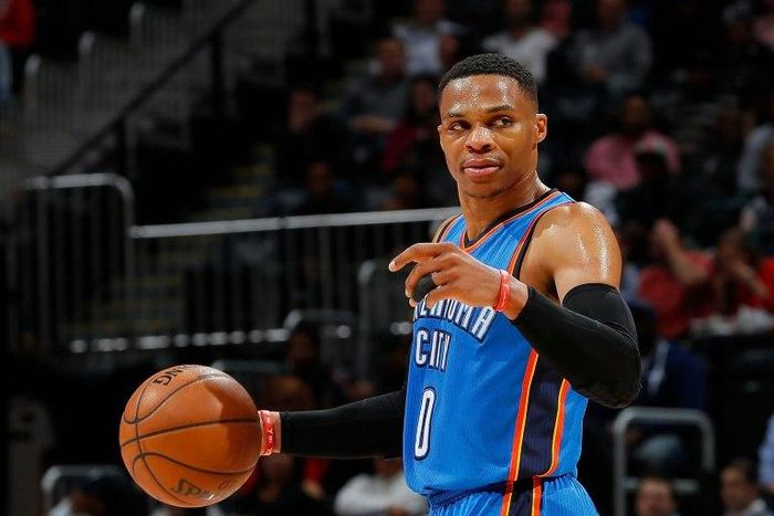Russell Westbrook of the Oklahoma City Thunder calls out to his teammates during the game against the Atlanta Hawks on December 5, 2016 in Atlanta
