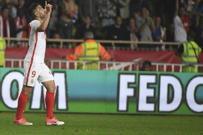 Monaco's forward Radamel Falcao celebrates after scoring a goal against Lille at the Louis II Stadium in Monaco on May 14, 2017