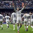 Real Madrid's forward Gareth Bale (C) celebrates a goal on February 18, 2017
