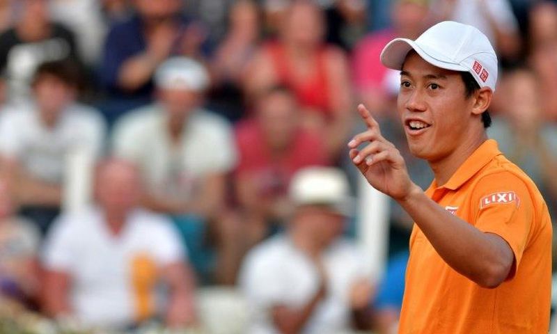 Kei Nishikori of Japan gestures as he plays against Juan Martin Del Potro of Argentina during the ATP Tennis Open tournament on May 18, 2017 at the Foro Italico in Rome, Italy