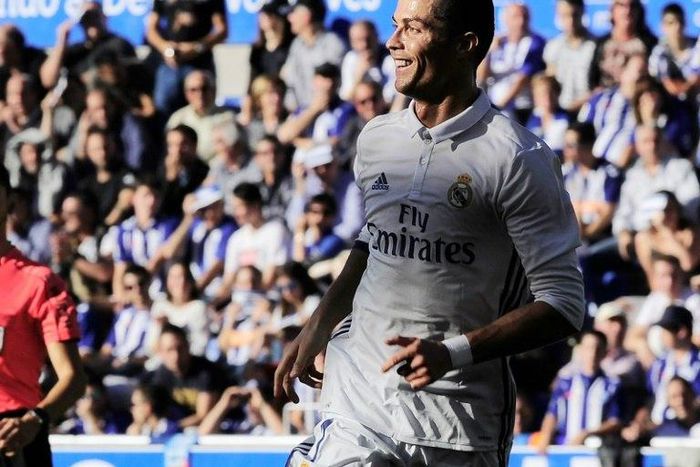 Real Madrid's forward Cristiano Ronaldo celebrates after scoring his team's second goal on October 29, 2016