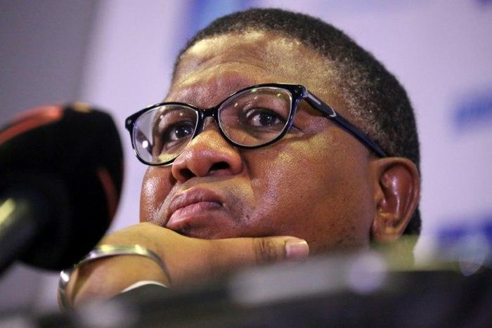 South African sports minister Fikile Mbalula addresses a press conference in Durban on March 14, 2017