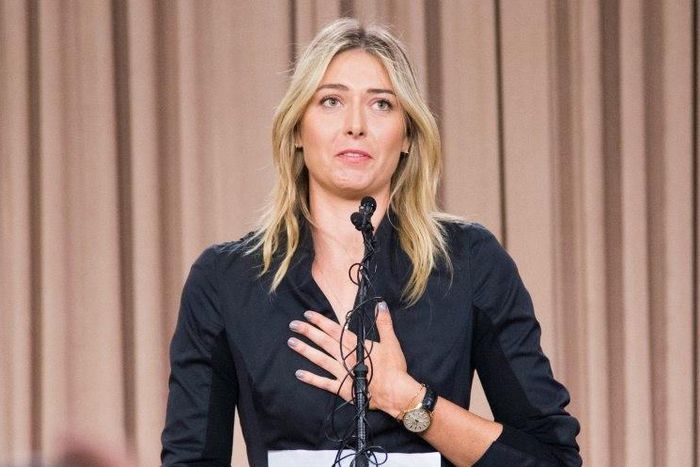 Maria Sharapova speaks at a press conference in Los Angeles on March 7, 2016