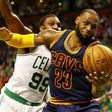 LeBron James of the Cleveland Cavaliers fights off a challenge from Jae Crowder of the Boston Celtics on May 19, 2017 in Boston, Massachusetts