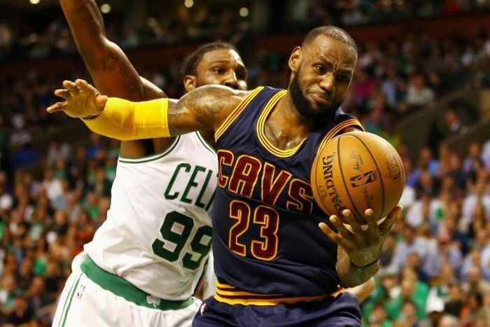 LeBron James of the Cleveland Cavaliers fights off a challenge from Jae Crowder of the Boston Celtics on May 19, 2017 in Boston, Massachusetts