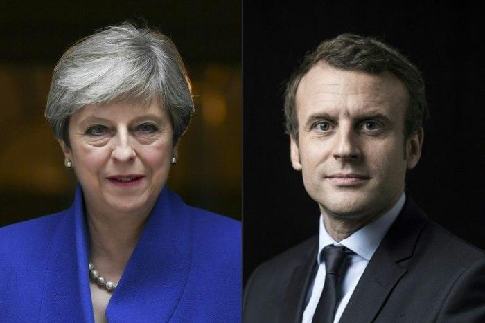 French president Emmanuel Macron (R) and British Prime Minister Theresa May are both expected to attend Tuesday's friendly at the Stade de France, according to Macron's own diary
