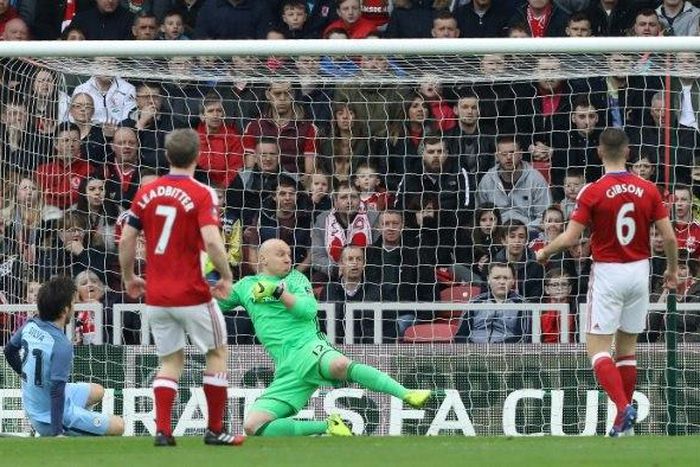 David Silva (left) scores for Manchester City against Middlesbrough at the Riverside Stadium on March 11, 2017