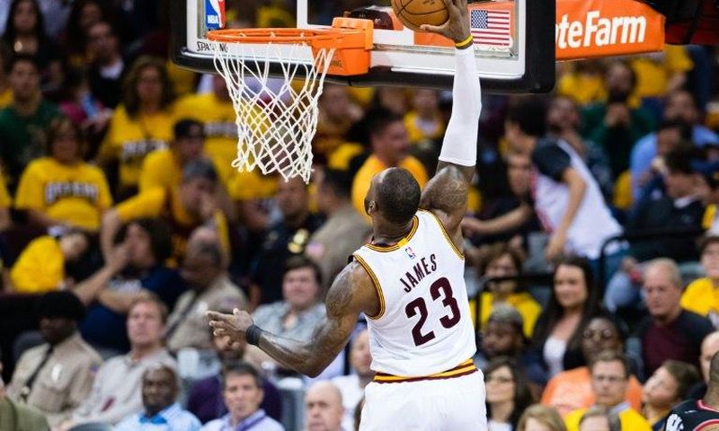 LeBron James of the Cleveland Cavaliers dunks in Game One of the NBA Eastern Conference semi-finals against the Toronto Raptors, at Quicken Loans Arena in Cleveland, Ohio, on May 1, 2017