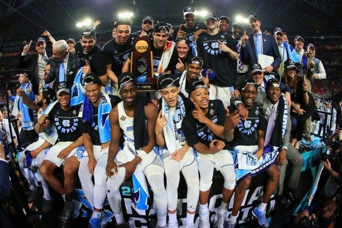 The North Carolina Tar Heels celebrate after defeating the Gonzaga Bulldogs during the 2017 NCAA Men's Final Four National Championship game, at University of Phoenix Stadium in Glendale, Arizona, on April 3