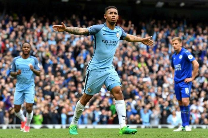 Manchester City's striker Gabriel Jesus celebrates scoring the second goal during the English Premier League football match against Leicester City May 13, 2017