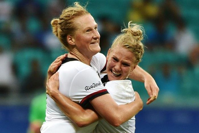 Melanie Behringer (L), pictured here during Germany's quarter final match against China at the Rio 2016 Olympics, was one of three members of Germany's gold medal winning team to be named on the shortlist for FIFA's Best Female Player