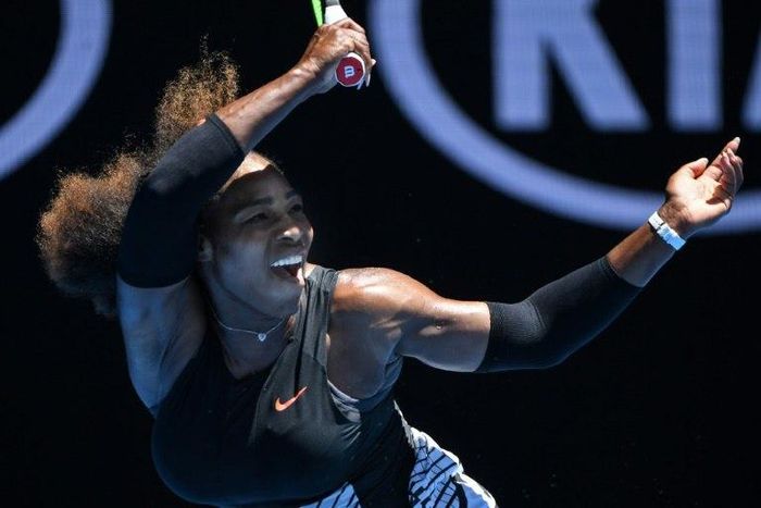 Serena Williams of the US hits a return against Britain's Johanna Konta during their Australian Open quarter-final match, in Melbourne, on January 25, 2017