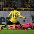 Dortmund's Pierre-Emerick Aubameyang shoots a penalty against Hertha's Norwegian goalkeeper Rune Jarstein during a Bundesliga football match in Dortmund, western Germany on October 14, 2016