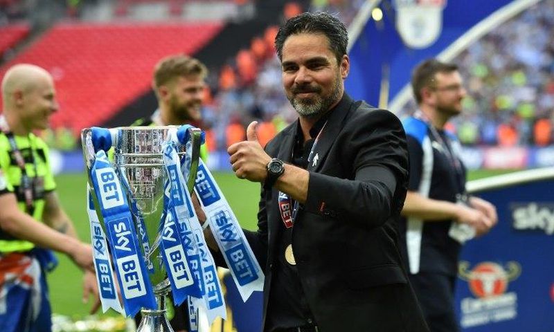 Huddersfield Town's head coach David Wagner gestures as he holds the Championship Playoff trophy on the pitch after winning the penalty shoot-out in the English Championship play-off final football match against and Reading