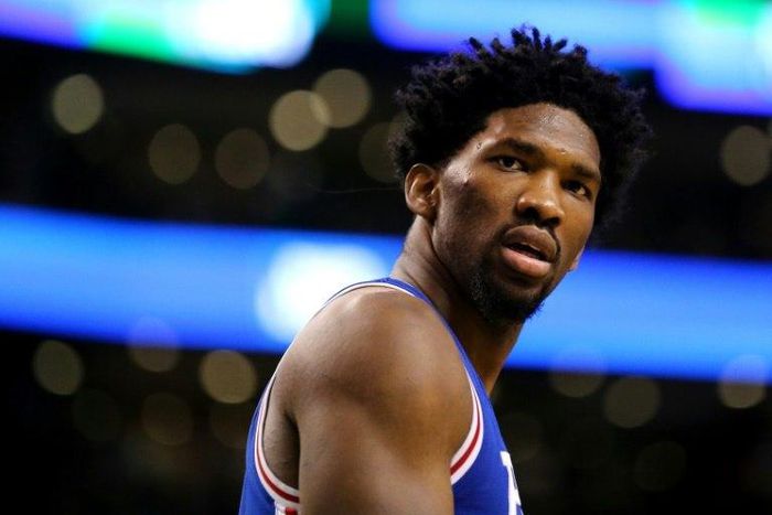 Joel Embiid of the Philadelphia 76ers, pictured on January 6, 2017, scored 22 points with 12 rebounds and five blocked shots in 29 minutes against the Bucks