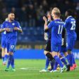 Leicester City's defender Danny Simpson (C) celebrates following the English Premier League football match between Leicester City and Sunderland at the King Power Stadium in Leicester, central England on April 4, 2017