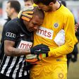 Partizan Belgrade's goalkeeper Filip Kljajic (R) hugs Brazilian midfielder Everton Luiz as he leaves the field in tears on February 19, 2017