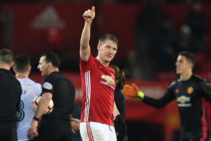 According to Manchester United manager Jose Mourinho on January 29, 2017, midfielder Bastian Schweinsteiger (C) will stay with the team