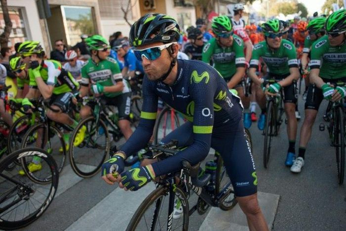 Movistar's Spanish cyclist Alejandro Valverde sits on his bicycle prior to riding in the first stage of the "Ruta del Sol" tour, a 155 km ride from Rincon de la Victoria to Granada on February 15, 2017