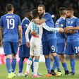 Juventus' forward Gonzalo Higuain greets Napoli's forward Dries Mertens at the end of an Italian Serie A football match on April 2, 2017 at the San Paolo Stadium