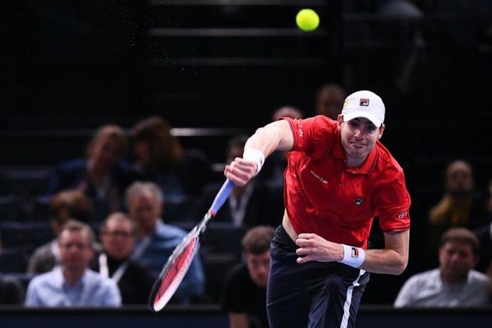 USA's John Isner serves the ball to USA's Jack Sock during their quarter-final match at the ATP World Tour Masters 1000 indoor tournament in Paris on November 4, 2016