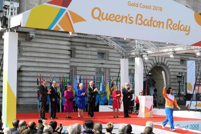 Retired cysclist Anna Meares (R) from Australia at the launch of the Queen's baton Relay for the XX1 Commonwealth Games to be held on the Gold Coast in 2018