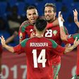 Morocco's midfielder Rachid Alioui (C) celebrates with teammates after scoring a goal during the 2017 Africa Cup of Nations group C football match between Morocco and Ivory Coast in Oyem on January 24, 2017